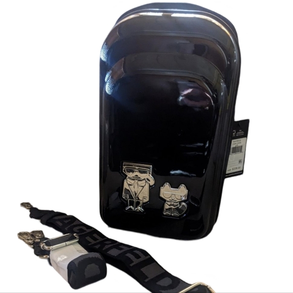 Karl Lagerfeld Paris Maybelle Hard Side Mini Suitcase Backpack in Glossy Black - Picture 2 of 16